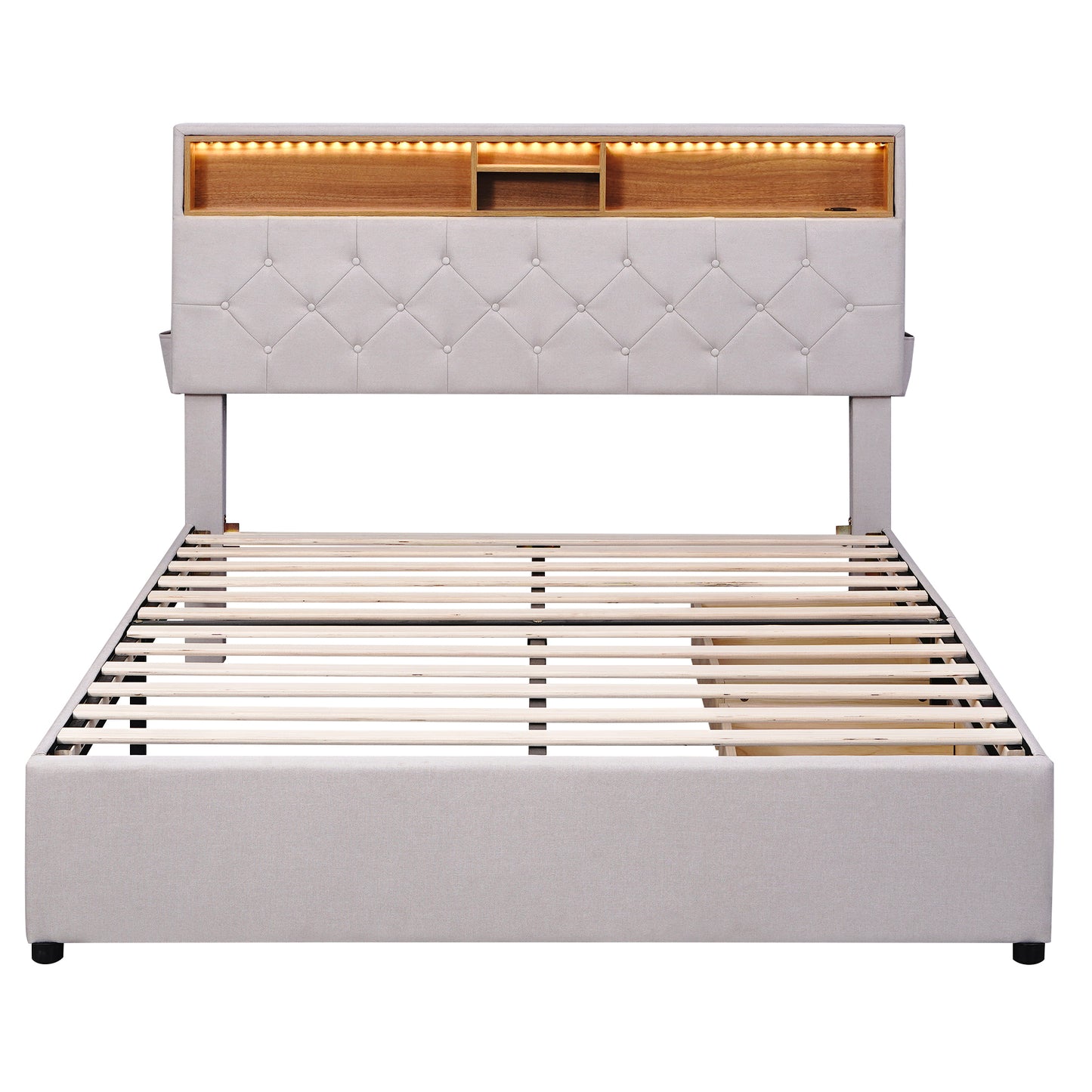 Full Size Upholstered Platform Bed with Storage Headboard, LED, USB Charging and 2 Drawers, Beige