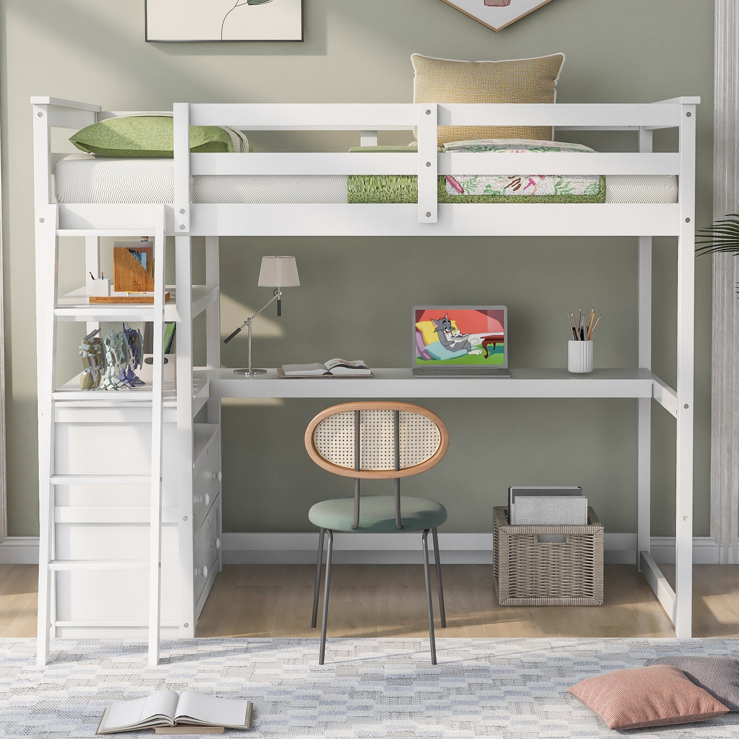 Twin Size Loft Bed with Desk and Shelves, Two Built-in Drawers, White