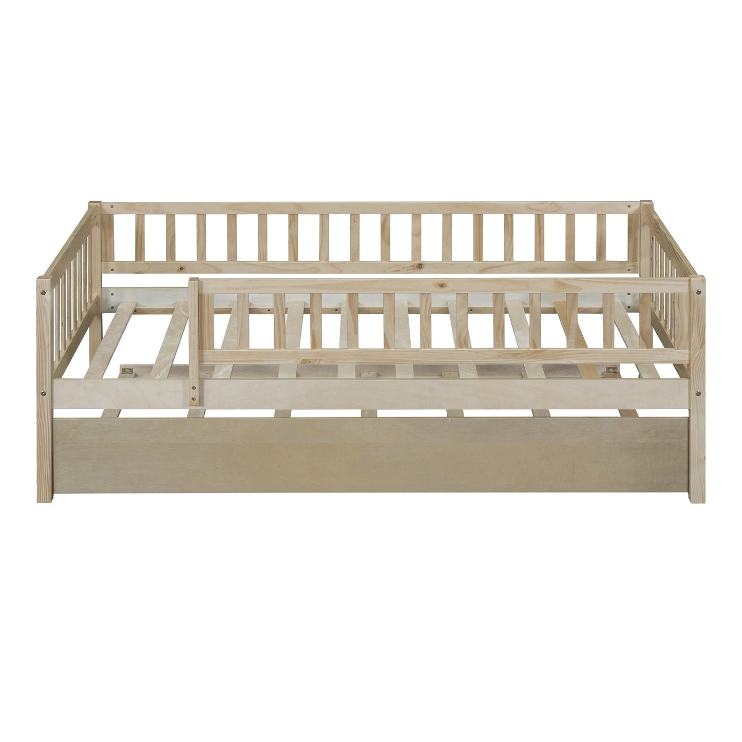 Twin Size Wood Daybed with Trundle and Fence Guardrails, Natural