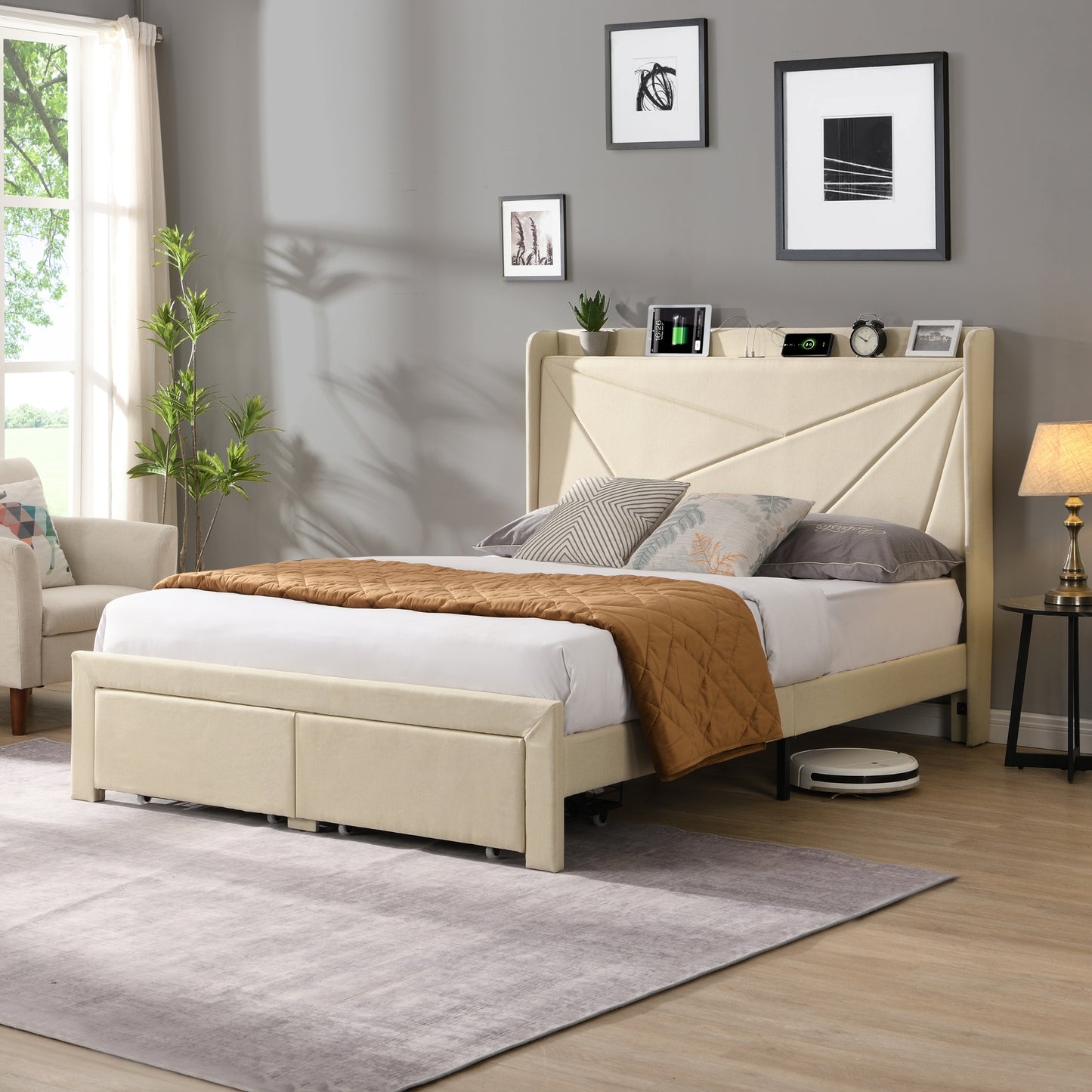 Full Size Platform Bed Frame with 2 Storage Drawers, Upholstered Bed Frame with Wingback Headboard Storage Shelf Built-in USB Charging Stations and Strong Wood Slats Support, No Box Spring Needed, Beige