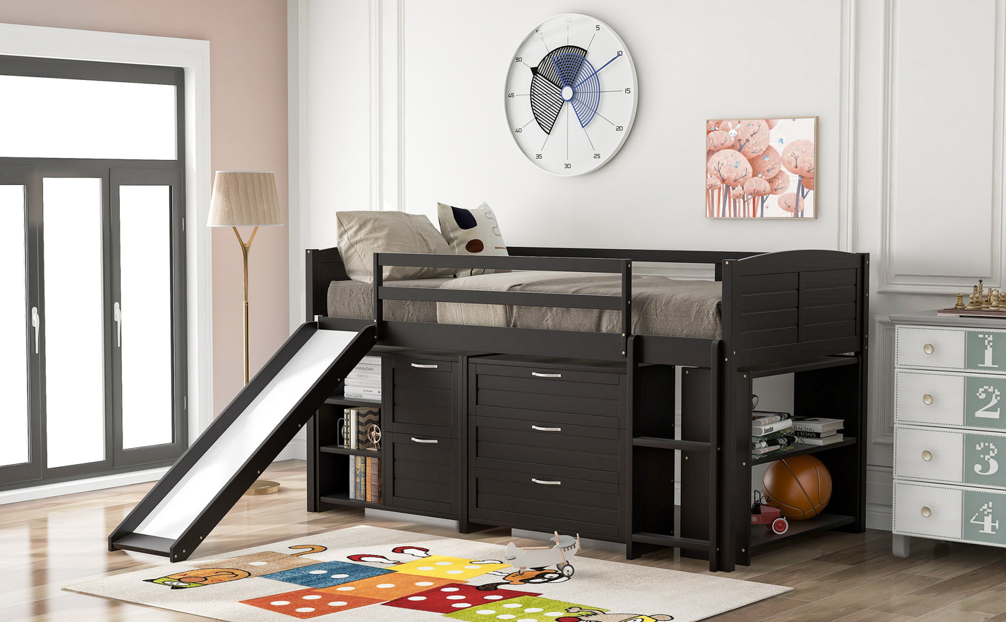 Low Twin Size Loft Bed with Cabinets, Shelves and Slide - Espresso