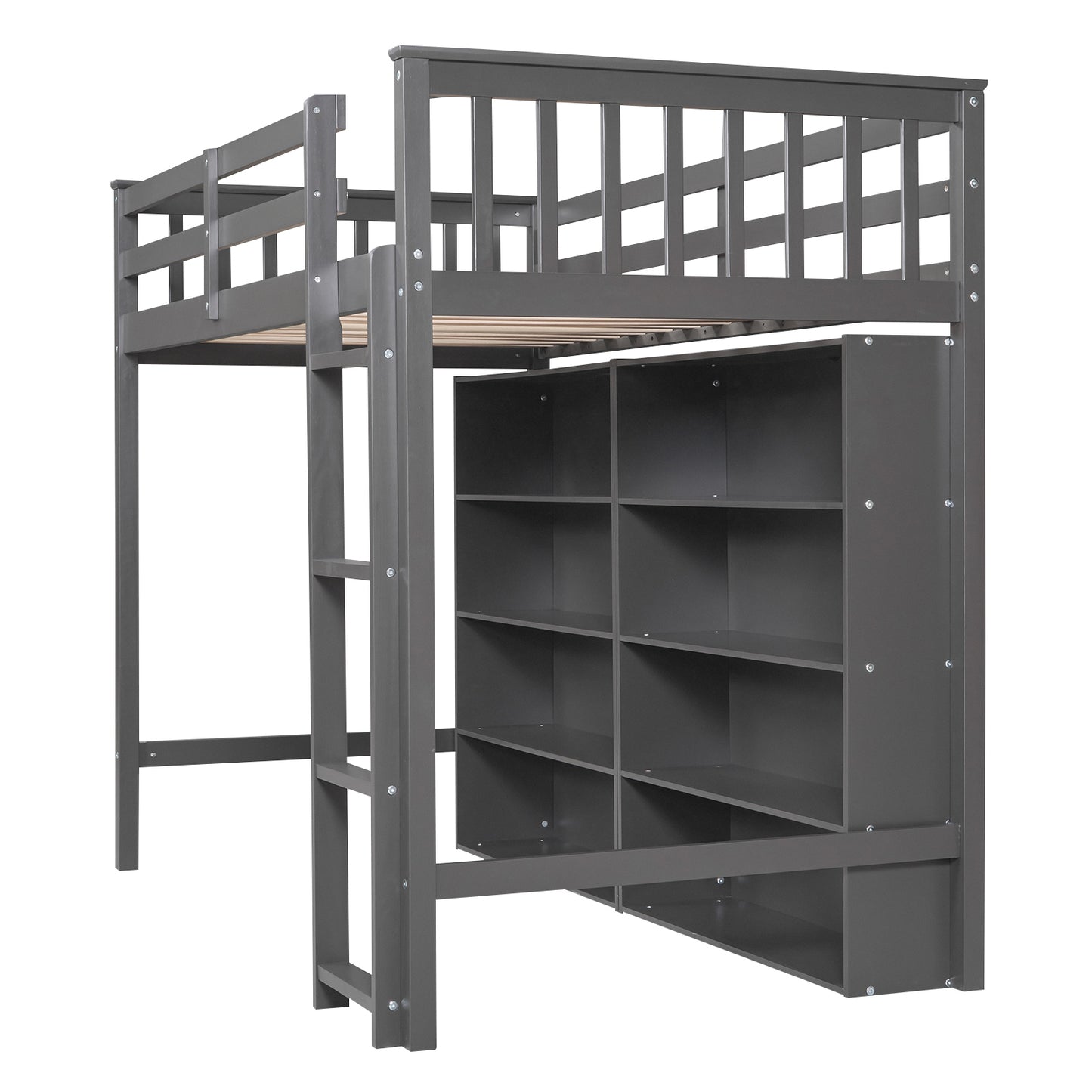 Twin Size Loft Bed with 8 Open Storage Shelves and Built-in Ladder, Gary