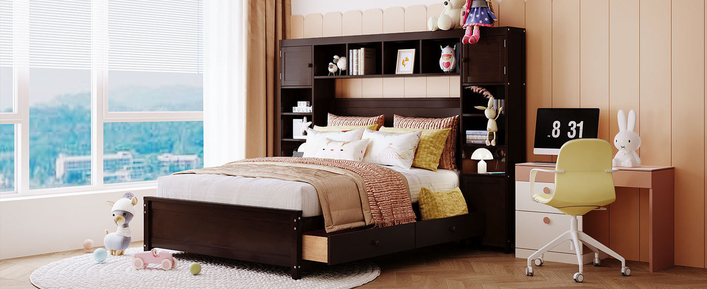 Full Size Wooden Platform Bed With All-in-One Cabinet and Shelf, Espresso