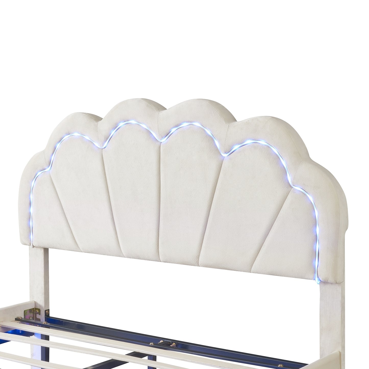 Full Upholstered Smart LED Bed Frame with Elegant Flowers Headboard,Floating Velvet Platform LED Bed with Wooden Slats Support,Beige