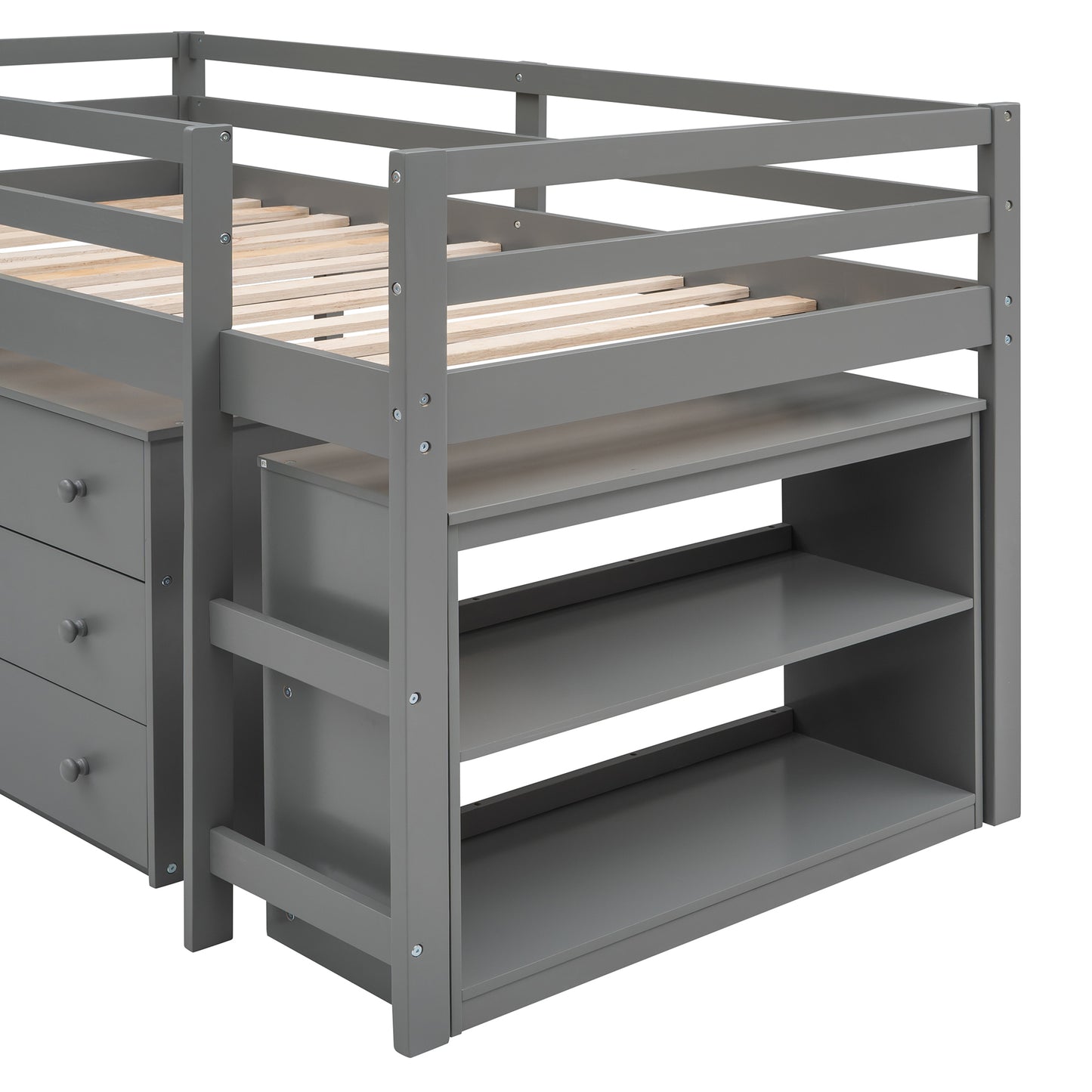 Low Study Twin Loft Bed with Cabinet and Rolling Portable Desk - Gray