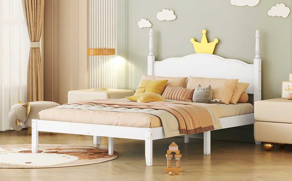 Full Size Wood Platform Bed with Crown Shaped Headboard, White