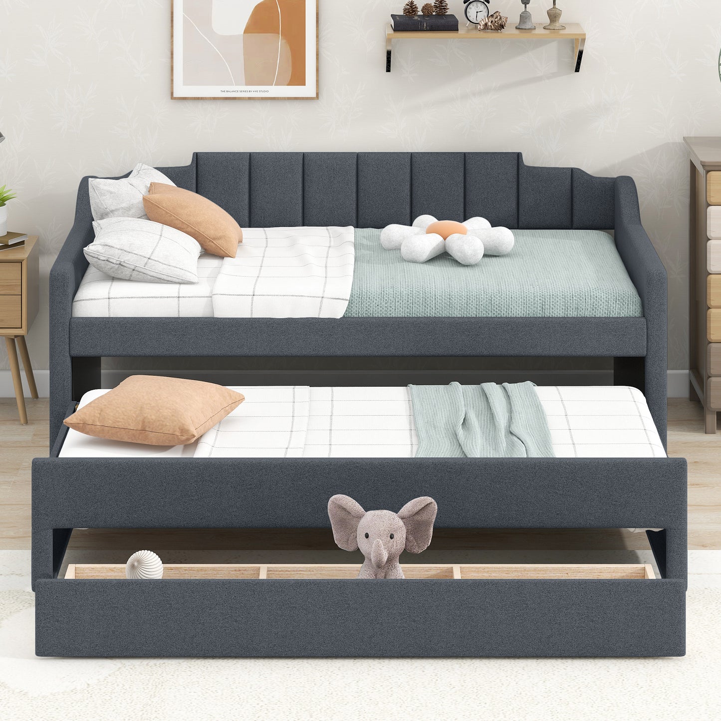 Twin Size Upholstered Daybed with Trundle and Three Drawers,Grey