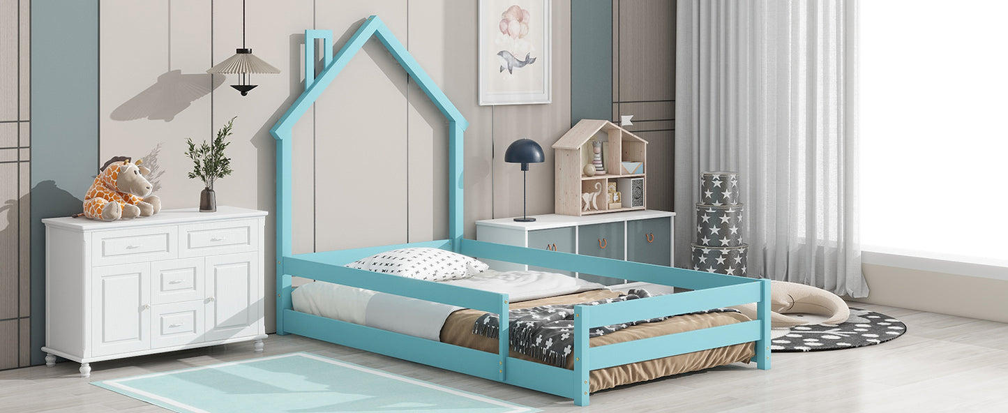 Twin Size Wood Platform bed with House-shaped Headboard Floor bed with Fences,Light Blue