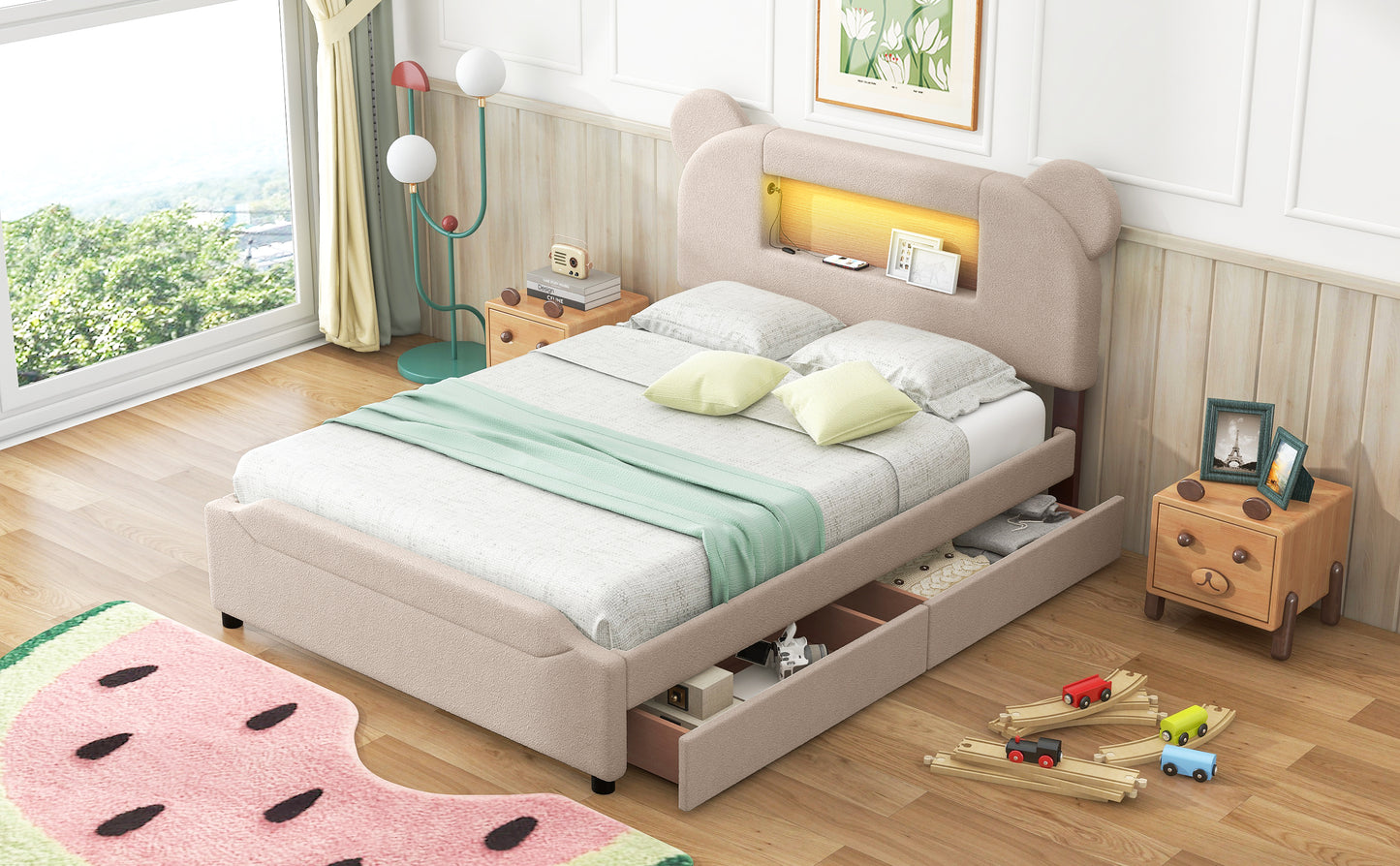 Full Size Upholstered Storage Platform Bed with Cartoon Ears Shaped Headboard, LED and USB, Beige