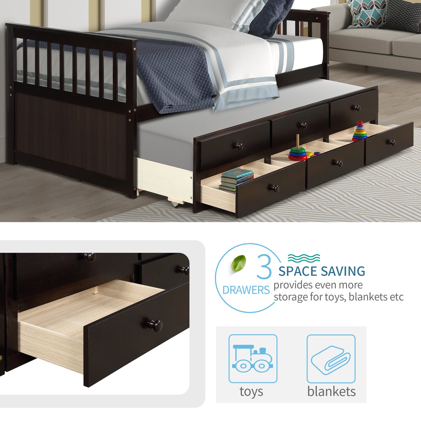TOPMAX Captain's Bed Twin Daybed with Trundle Bed and Storage Drawers, Espresso