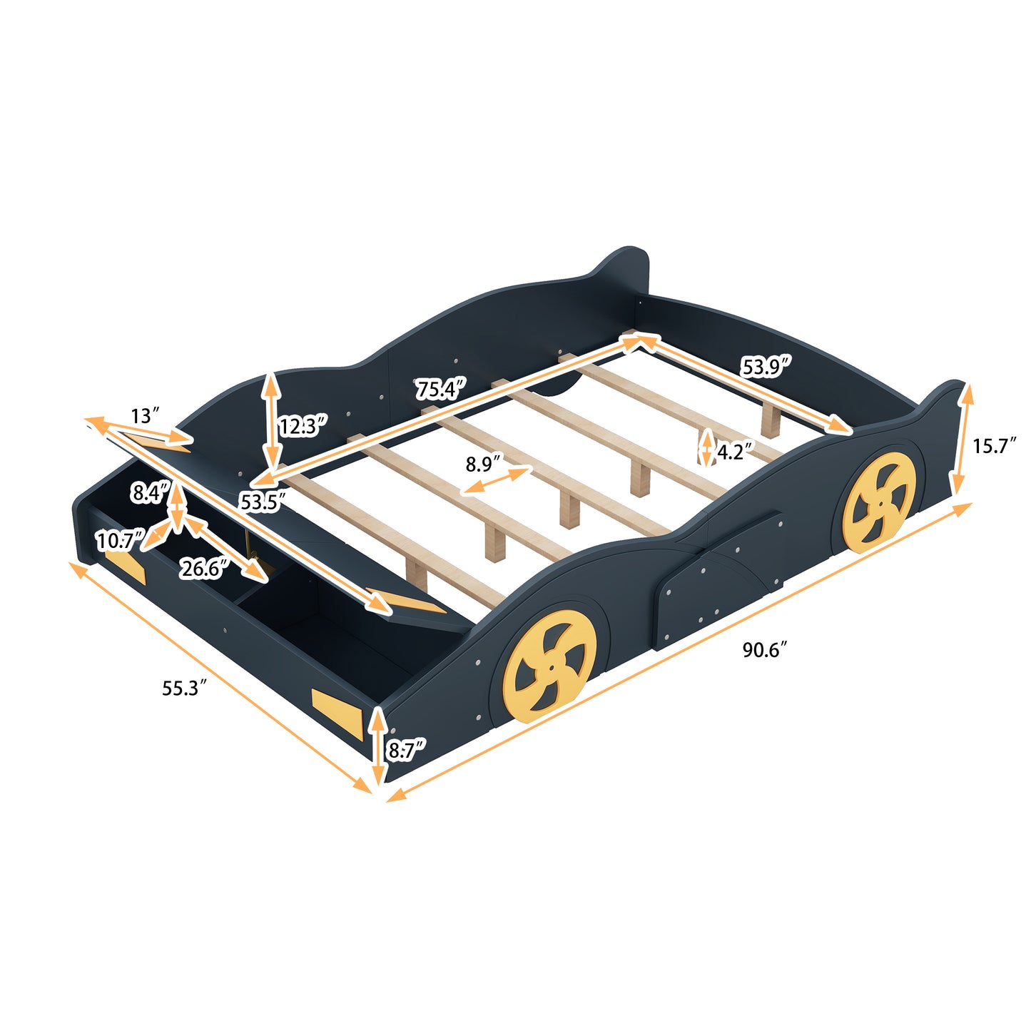 Full Size Race Car-Shaped Platform Bed with Wheels and Storage, Dark Blue+Yellow