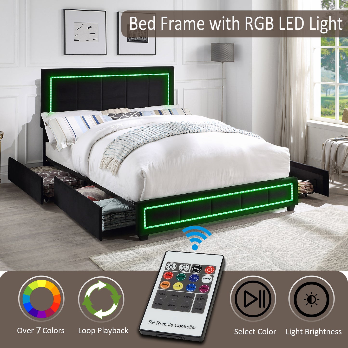 Upholstered Queen Size Platform Bed with LED Lights and USB Charging, Storage Bed with 4 Drawers, Black color fabric