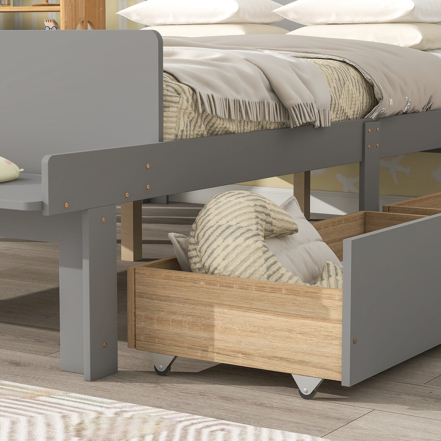Full Platform Bed with Footboard Bench, 2 drawers, Grey
