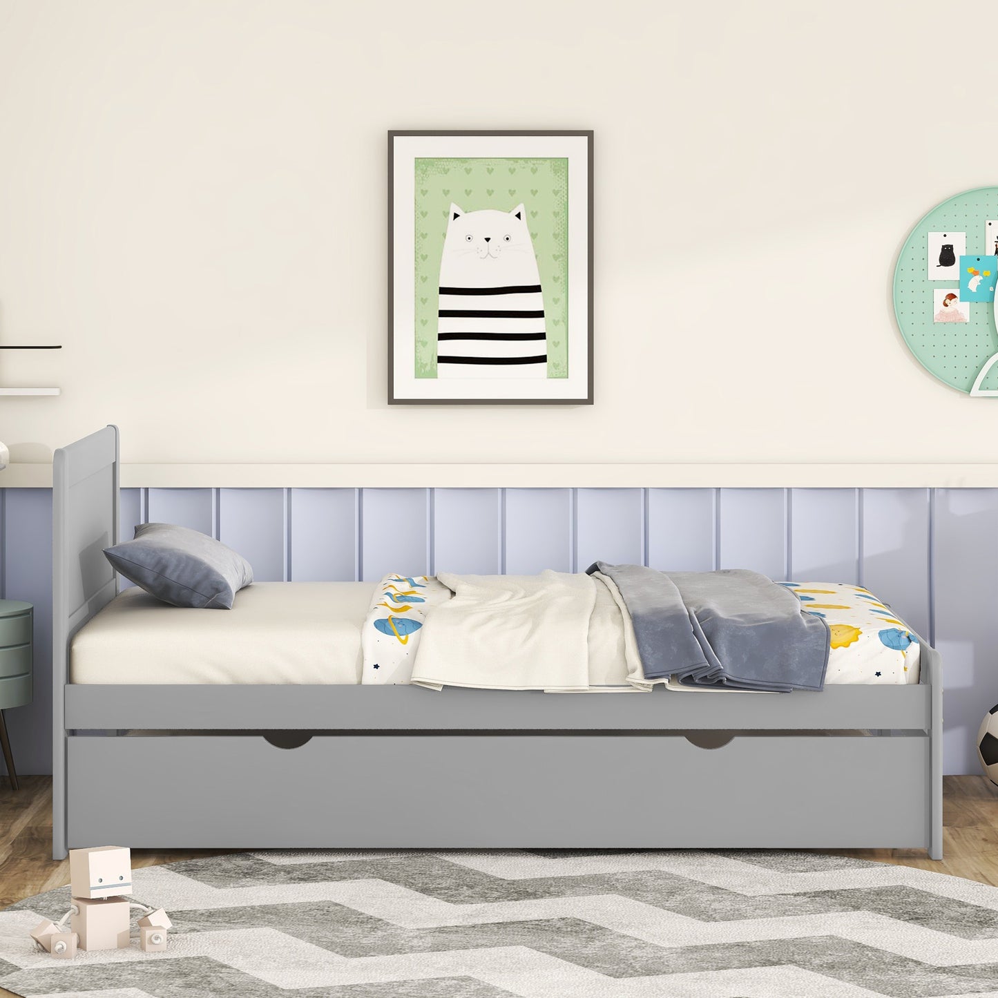 Modern Design Twin Size Platform Bed Frame with Trundle for Grey Color