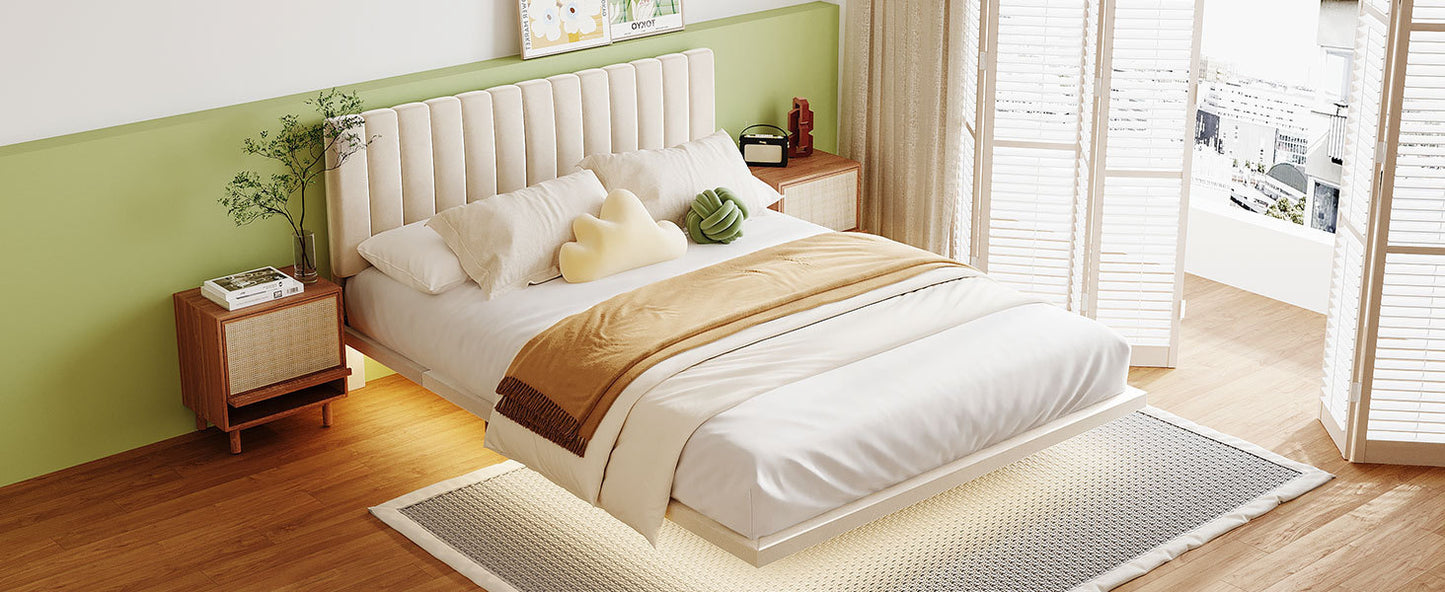 Queen Size Upholstered Bed with Sensor Light and Headboard, Floating Velvet Platform Bed, Beige