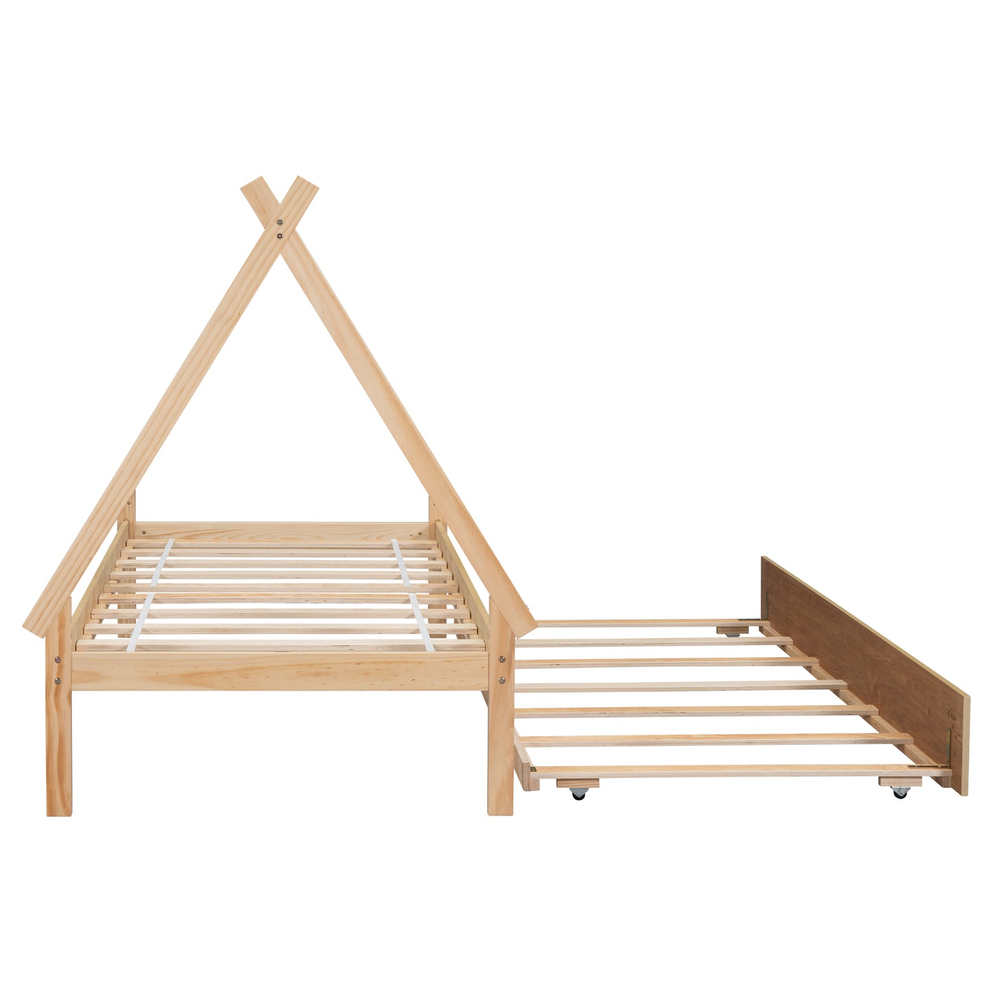 Twin size Tent Floor Platform Bed, Teepee Bed, with Trundle, Natural