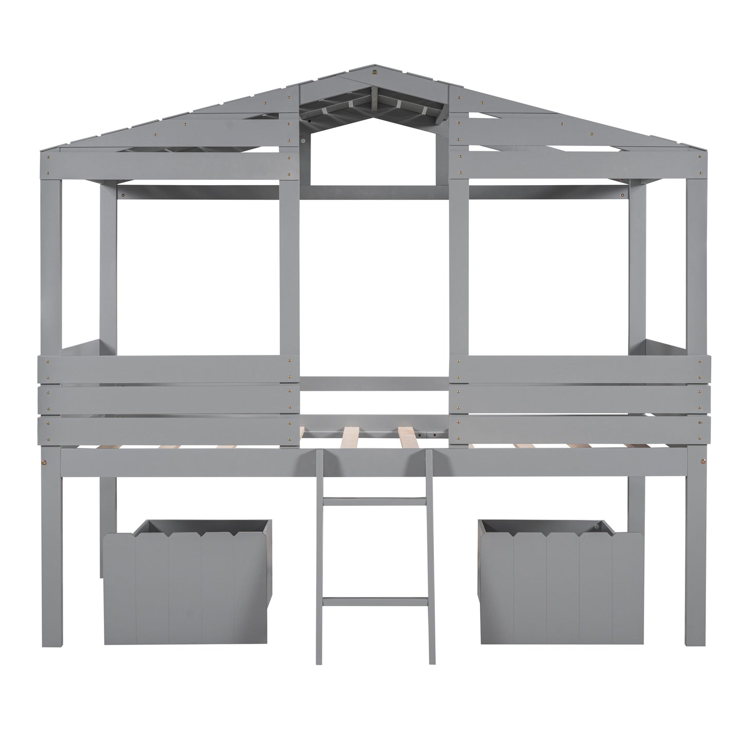 Twin Size Low Loft Wood House Bed with Two Drawers, Gray