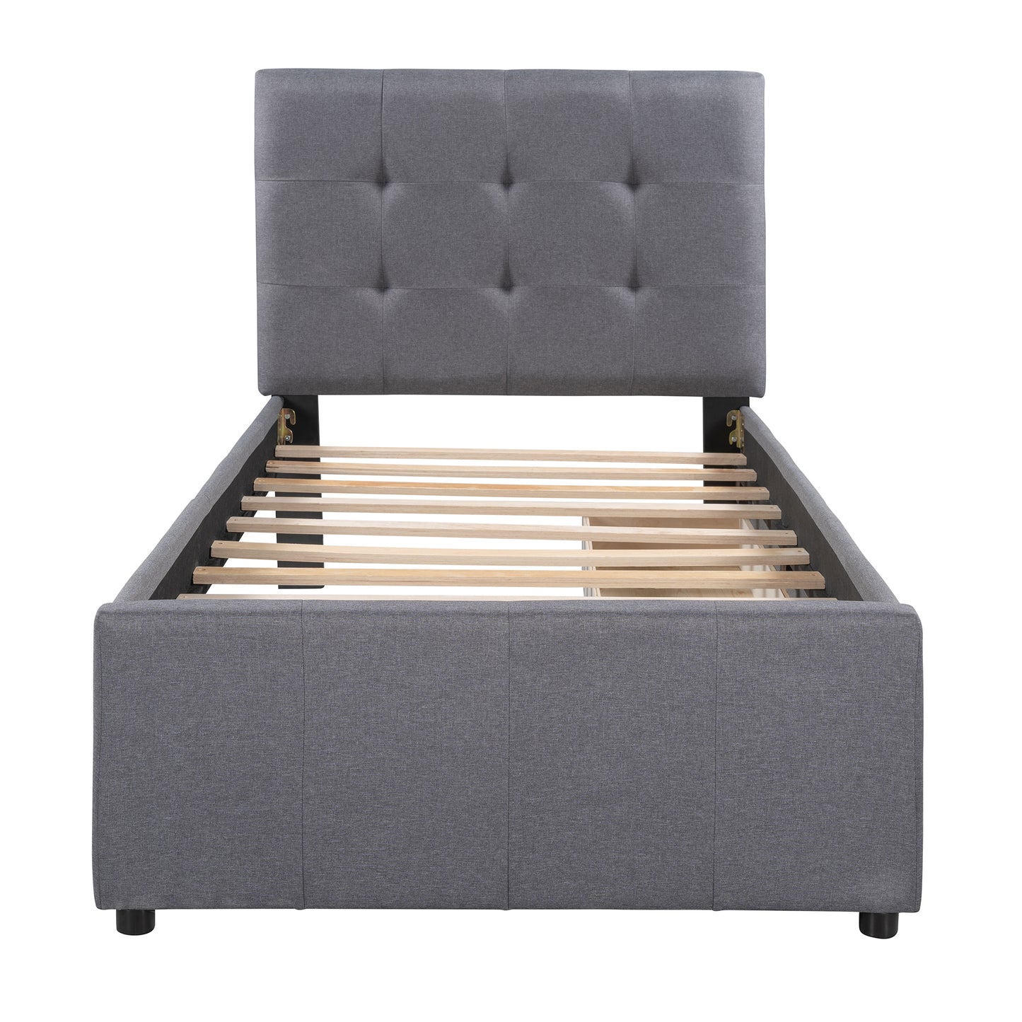 Linen Upholstered Platform Bed With Headboard and Two Drawers, Twin