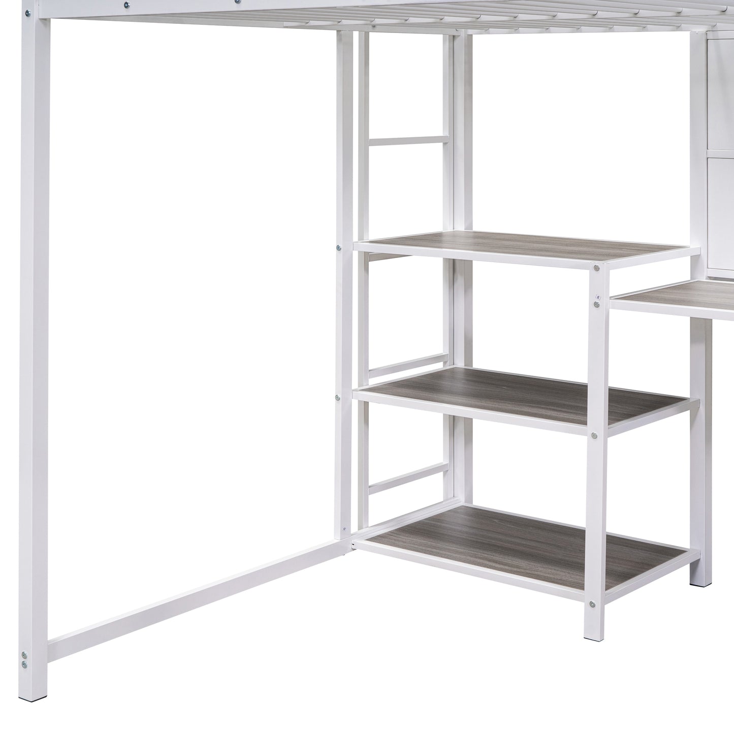 Full Size Loft Bed with Desk and Whiteboard, Metal Loft Bed with 3 Shelves and Ladder, White