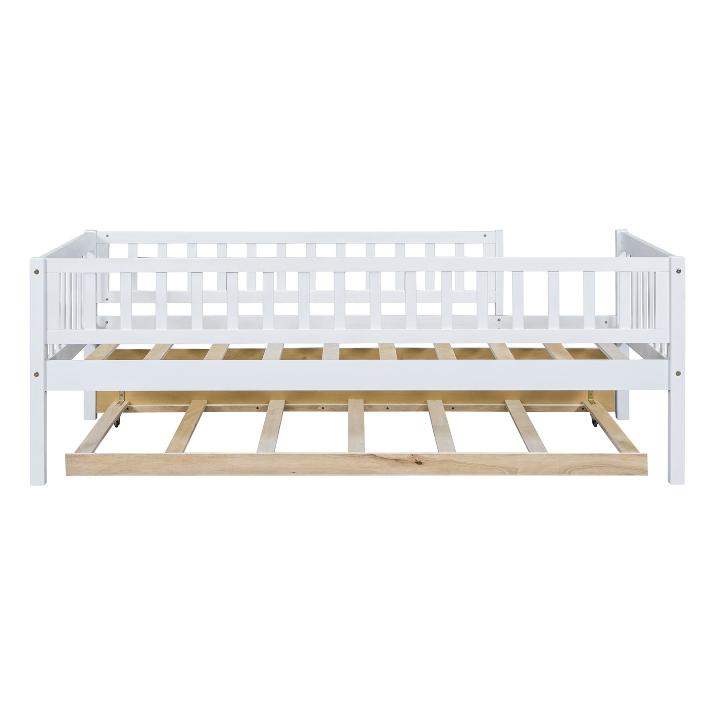 Twin Size Wood Daybed with Trundle and Fence Guardrails, White
