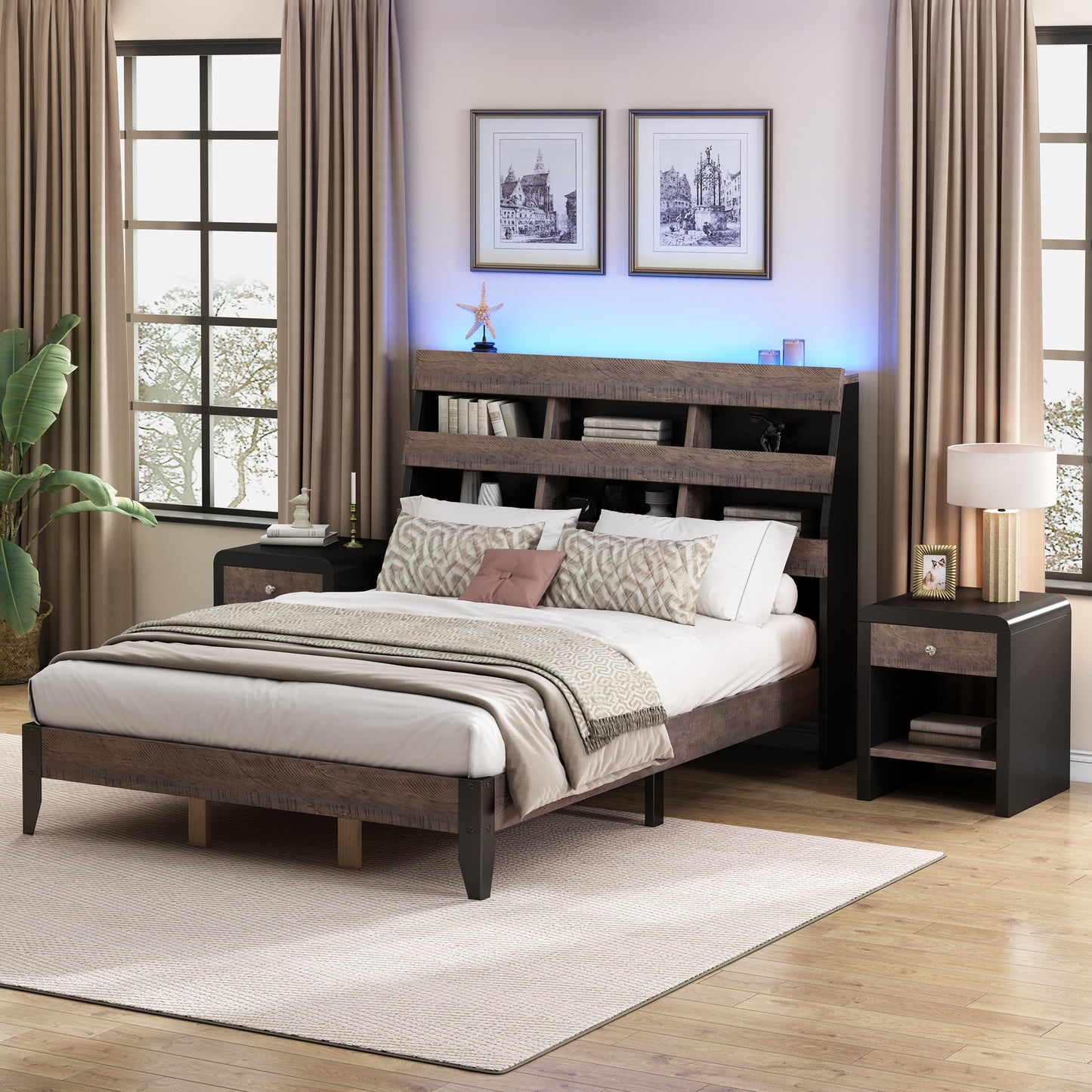Queen Size Mid Century Modern Style Platform Bed with Bookshelf and LED Lights and USB Port, Walnut and Black