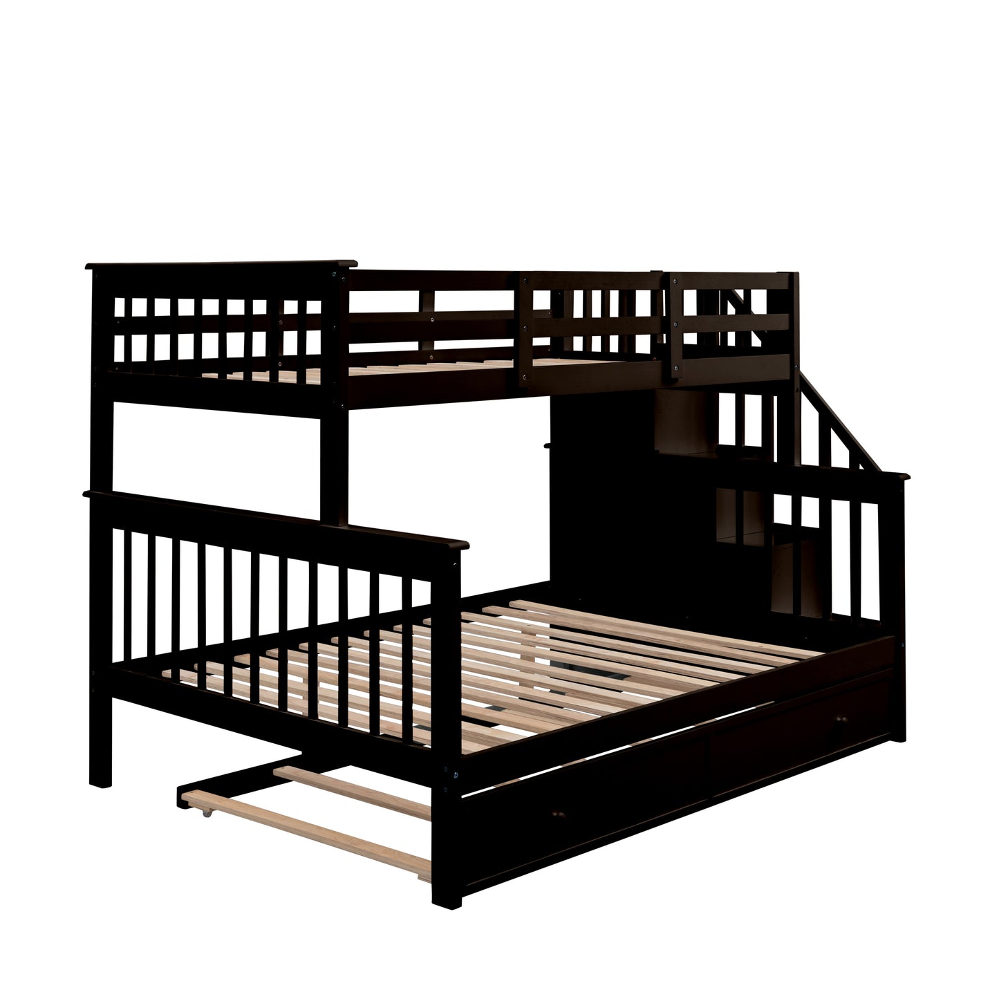 Stairway Twin-Over-Full Bunk Bed with Twin size Trundle, Storage and Guard Rail for Bedroom, Dorm, for  Adults, Espresso