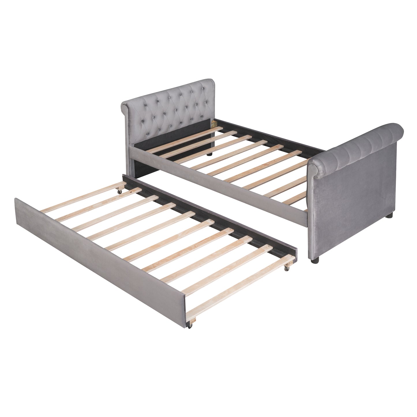 Twin Size Upholstered daybed with Trundle, Wood Slat Support, Gray