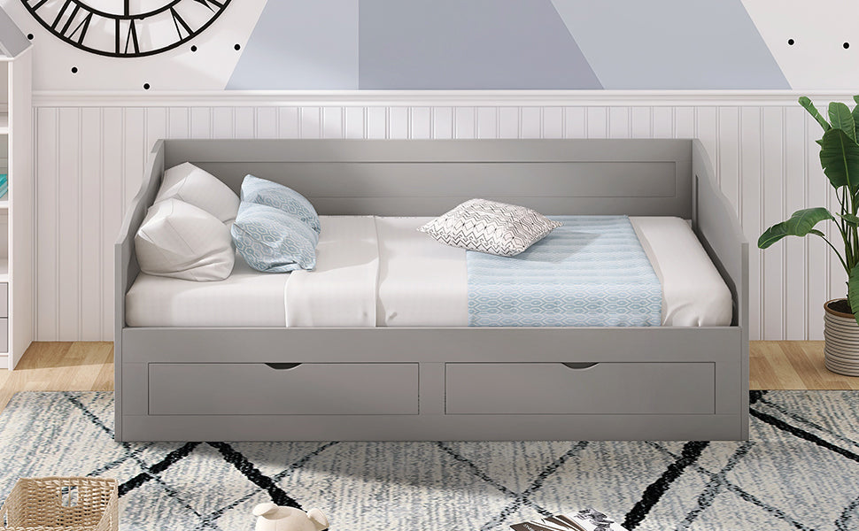 Wooden Daybed with Trundle Bed and Two Storage Drawers , Extendable Bed Daybed,Sofa Bed with Two Drawers, Gray