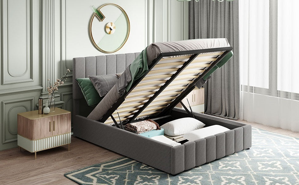 Full size Upholstered Platform bed with a Hydraulic Storage System - Gray
