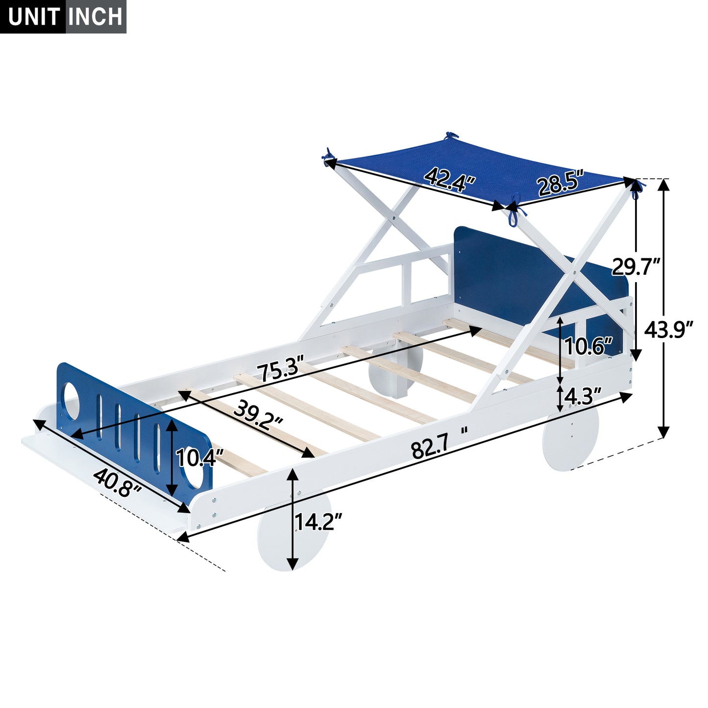 Wood Twin Size Car Platform Bed with Ceiling Cloth, Headboard and Footboard, White+Blue