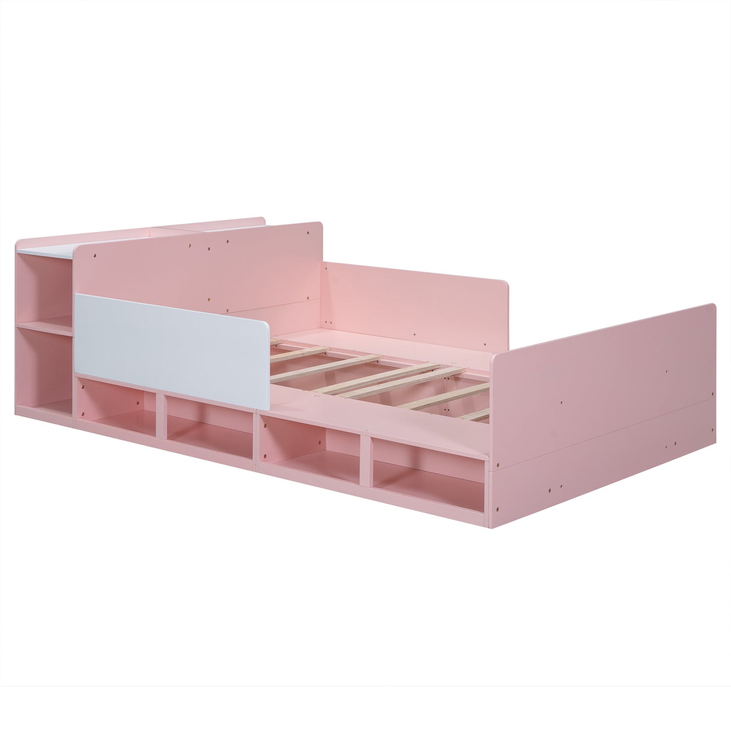Wood Full Size Platform Bed with Storage Headboard, Guardrails and 4 Underneath Cabinets, Pink