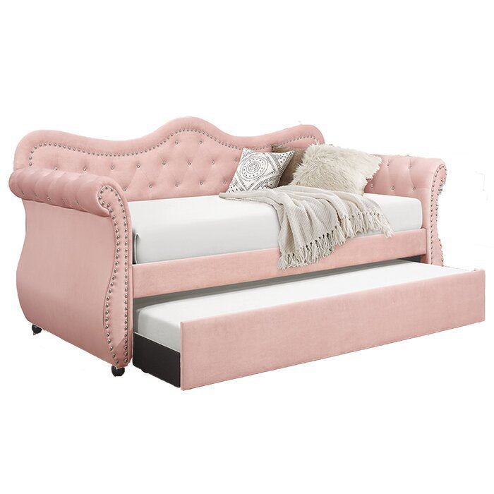 Galaxy Home Abby Upholstered Velvet Wood Daybed with Trundle in Pink