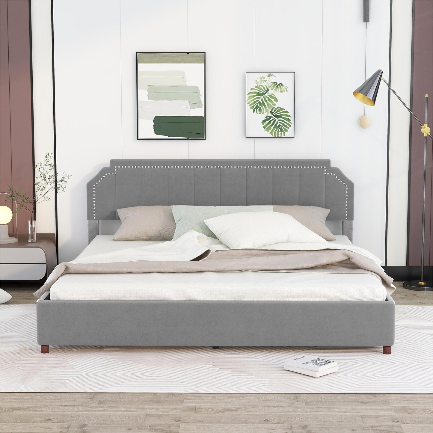 King Size Upholstery Platform Bed with Four Storage Drawers,Support Legs,Grey