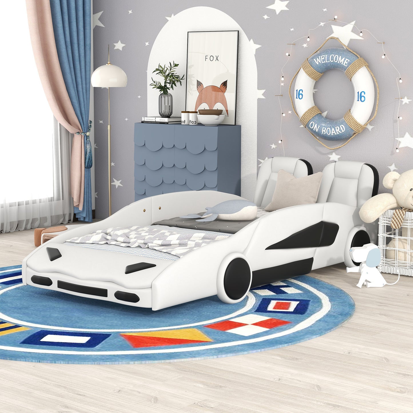 Twin Size Race Car-Shaped Platform Bed with Wheels, White