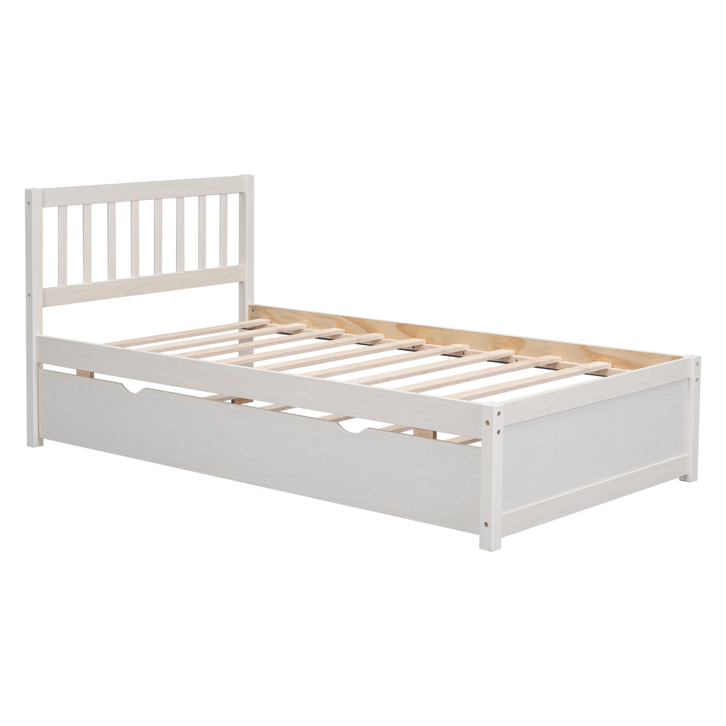 Wooden Twin Size Platform Bed Frame with Trundle for White Washed Color