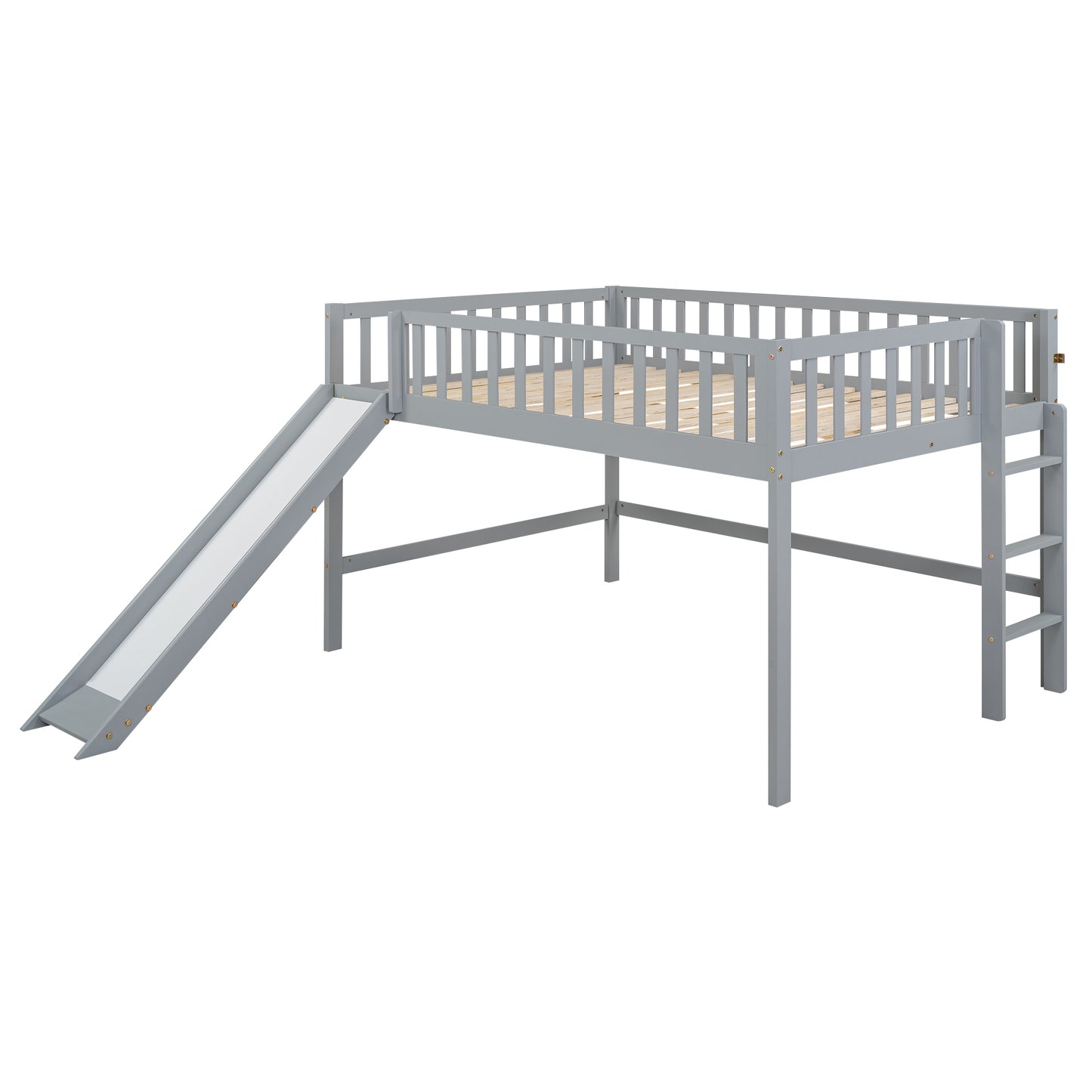 Full Size Low Loft Bed with Ladder and Slide,Gray
