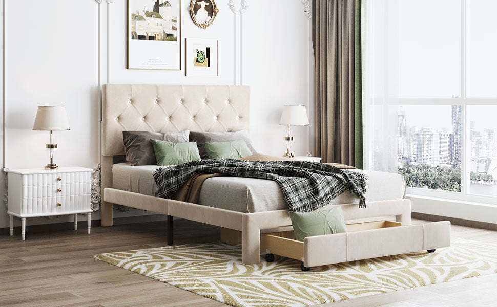 Full Size Storage Bed Velvet Upholstered Platform Bed with a Big Drawer - Beige