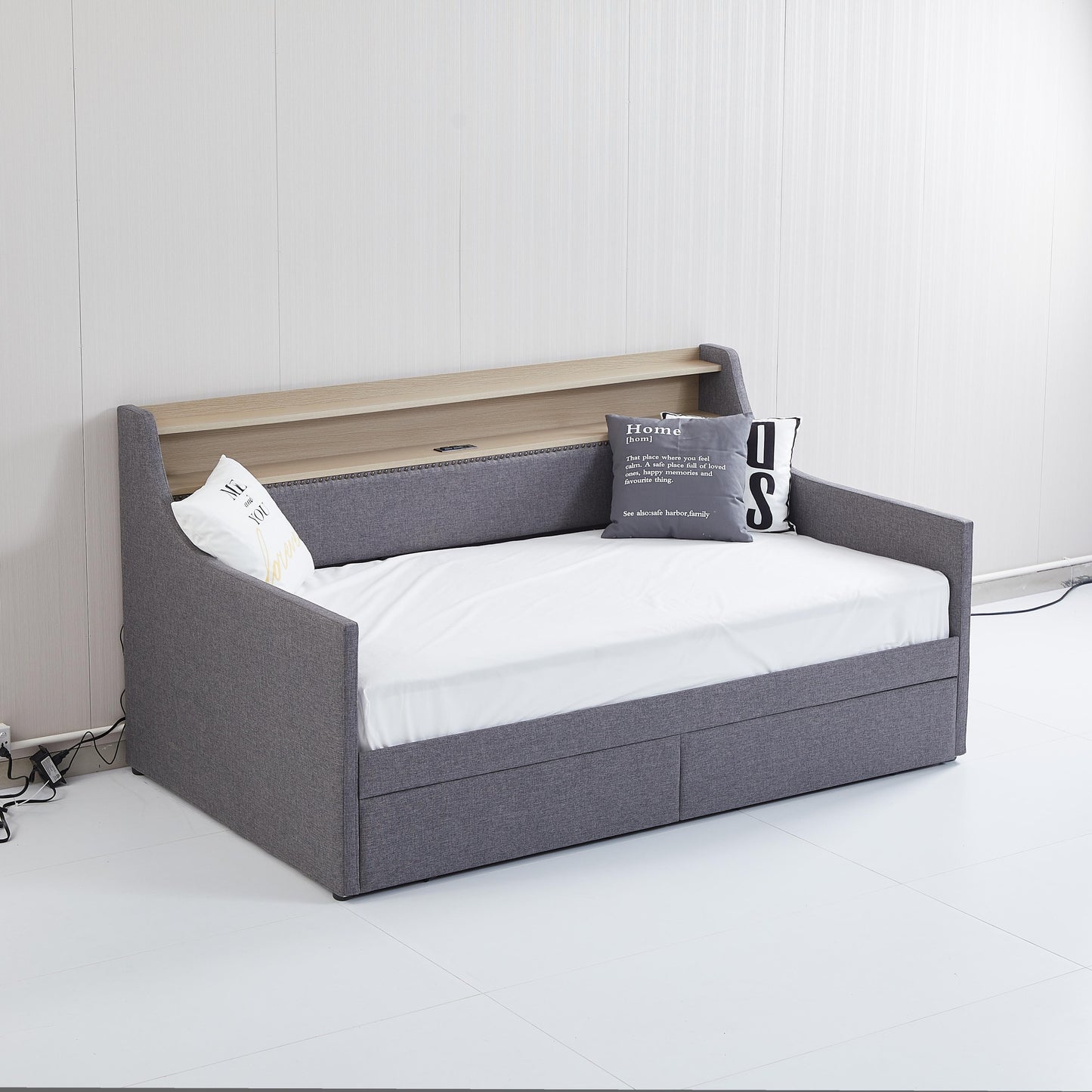 Twin Size Daybed with Storage Drawers, Upholstered Daybed with Charging Station and LED Lights, Gray