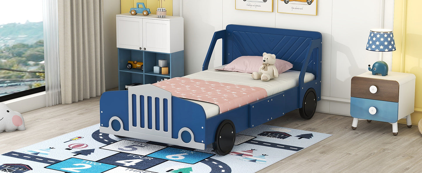 Twin Size Car-Shaped Platform Bed with Wheels,Blue