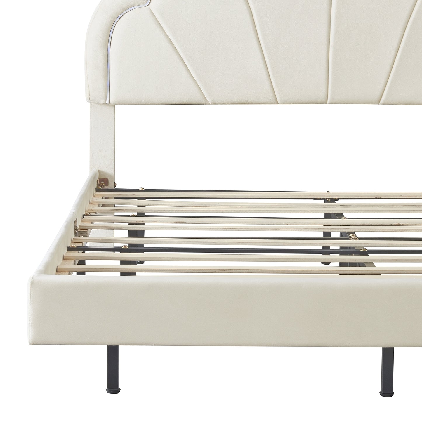 Queen Upholstered Smart LED Bed Frame with Elegant Flowers Headboard,Floating Velvet Platform LED Bed with Wooden Slats Support,Beige