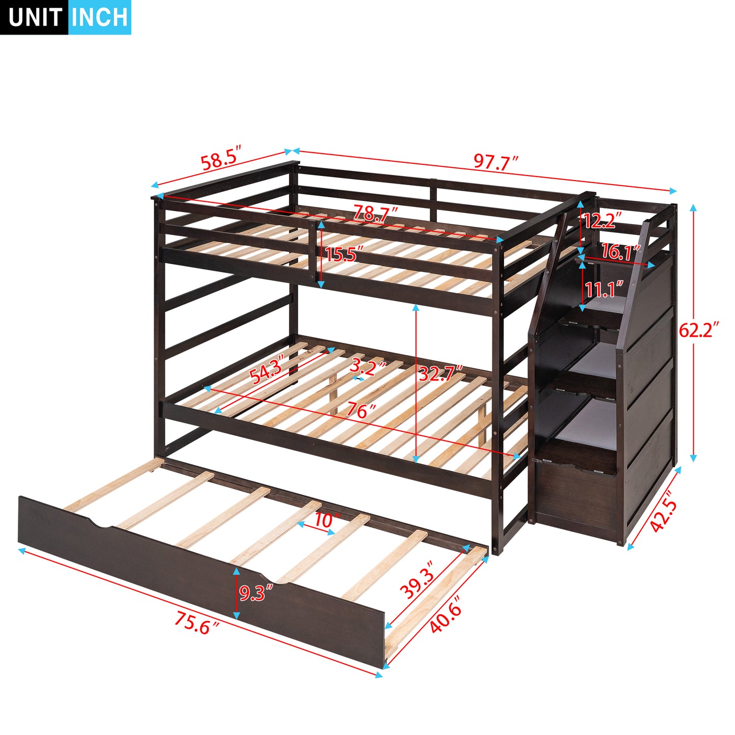 Full-over-Full Bunk Bed with Twin Size Trundle and 3 Storage Stairs,Espresso