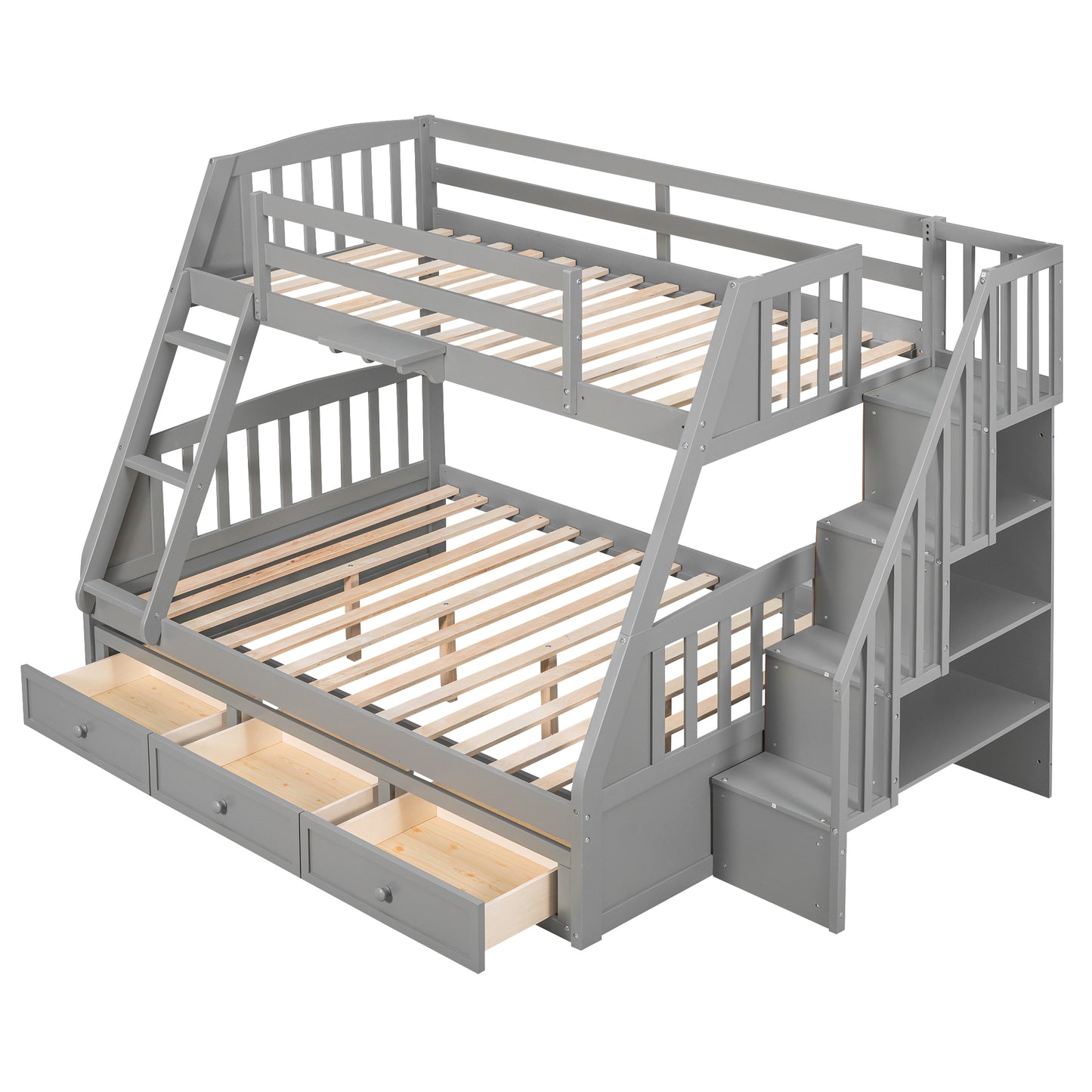 Twin-Over-Full Bunk Bed with Drawers，Ladder and Storage Staircase, Gray