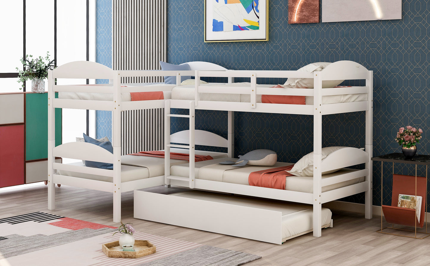 Twin L-Shaped Bunk bed with Trundle-White