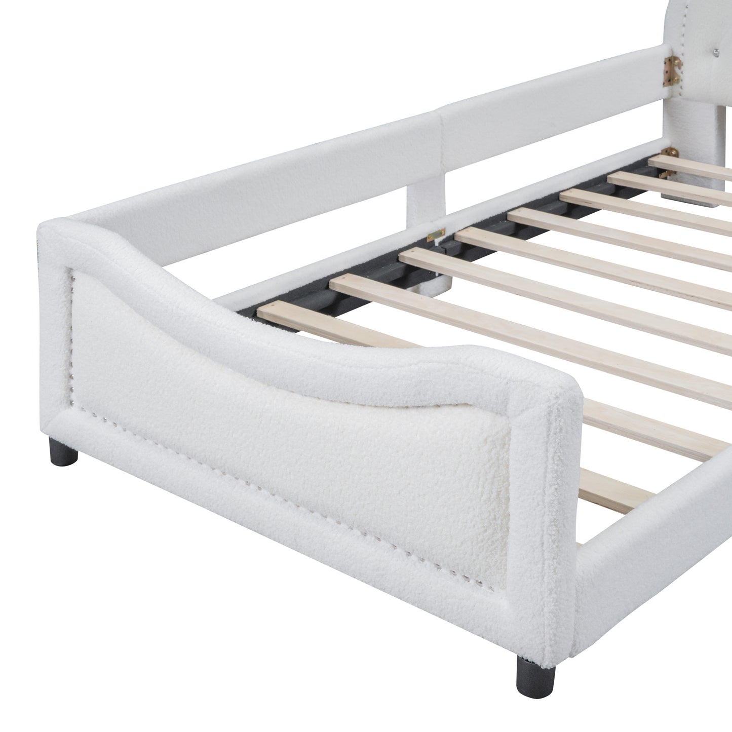 Teddy Fleece Twin Size Upholstered Daybed with OX Horn Shaped Headboard, White