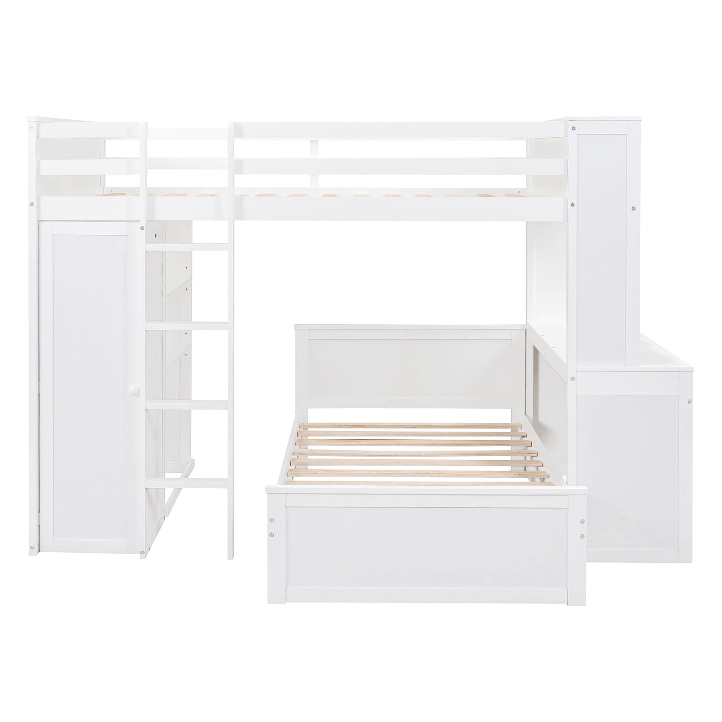 Full size Loft Bed with a twin size Stand-alone bed, Shelves,Desk,and Wardrobe-White