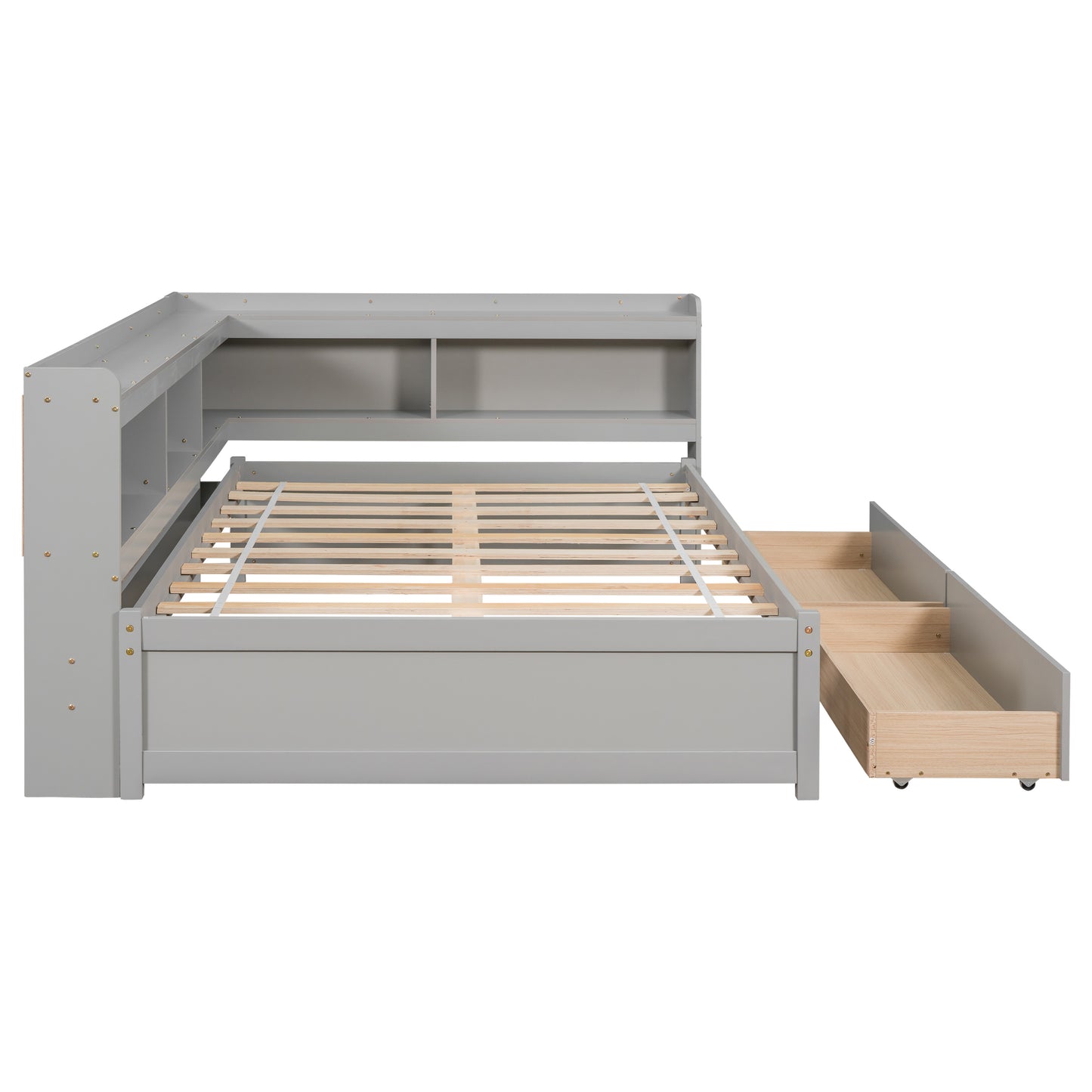 Full Platform Bed with L-shaped Bookcases, Drawers, Grey