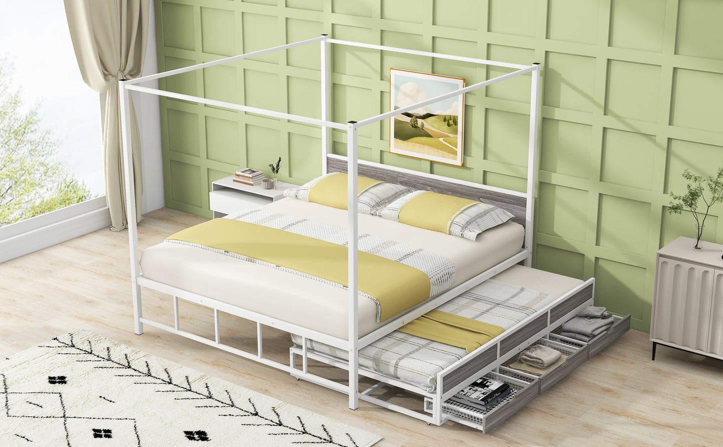 Queen Size Metal Canopy Platform Bed with Twin Size Trundle and 3 Storage Drawers, White
