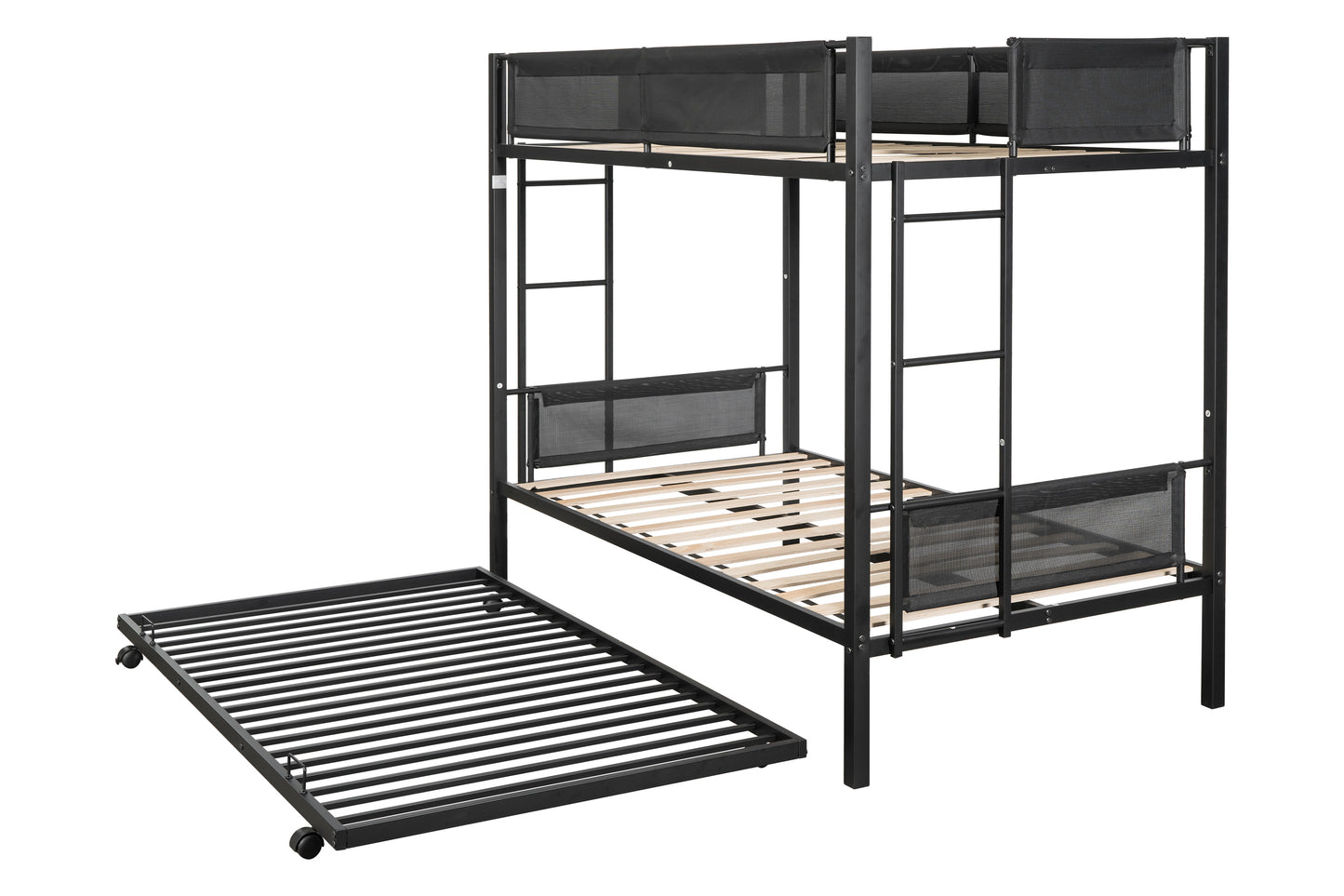 Metal Twin over twin bunk bed with Trundle/ Sturdy Metal Frame/ Noise-Free Wood Slats/ Comfortable Textilene Guardrail/ 2 side Ladders/ Space-Saving Trundle/ Bunk Bed for Three/ No Box Spring Needed
