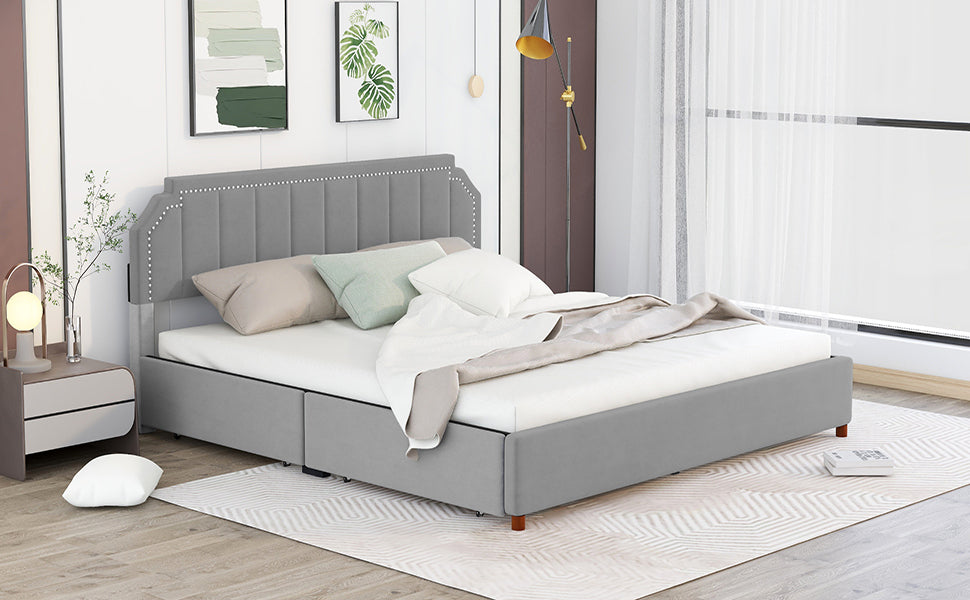 King Size Upholstery Platform Bed with Four Storage Drawers,Support Legs,Grey