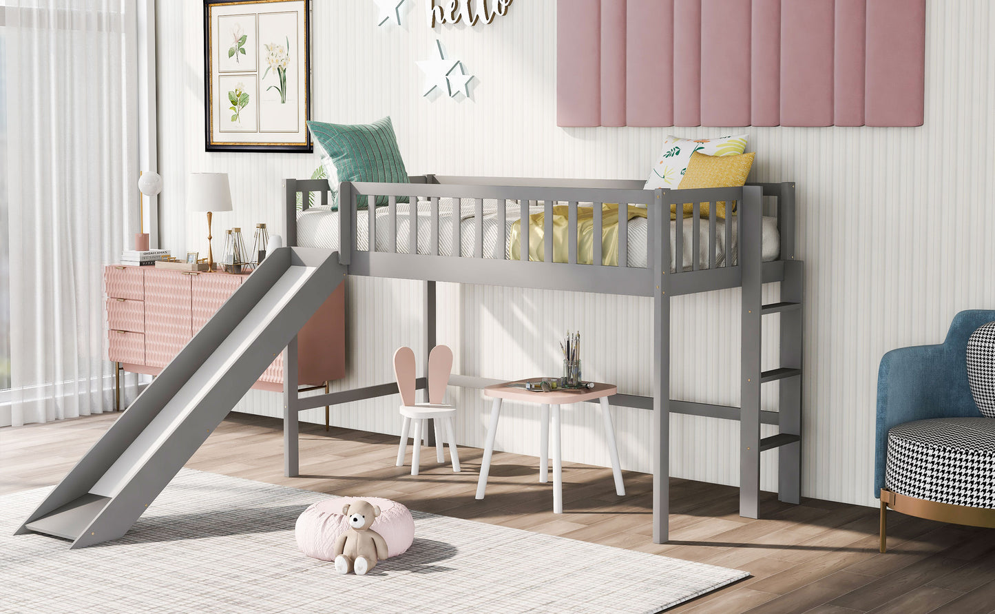 Twin Size Low Loft Bed with Ladder and Slide, Gray